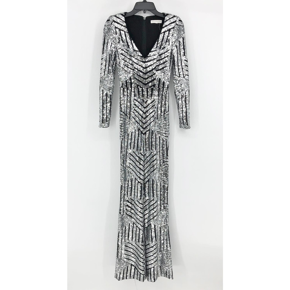 DRESS THE POPULATION Sequin Jumpsuit sz XS/S Long Sleeve Silver Black Stripe